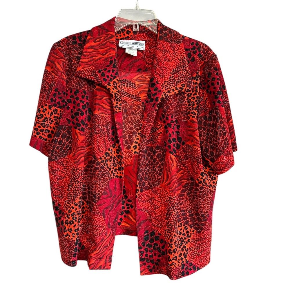 Jessica Howard Sz 16 Red Black Animal Print Sparkle Patchwork Jacket Maximalism